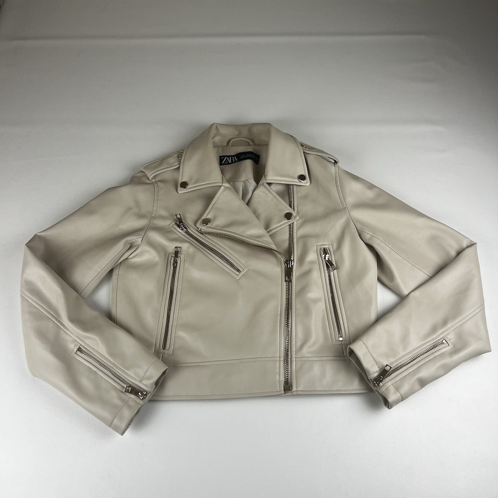 Zara Faux Beige Leather Cropped Biker Motocycle Jacket Women Size S Hip